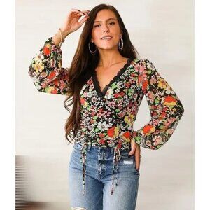 Buckle Willow & Root Floral Mesh Long Sleeve Drawstring Tie Top XS